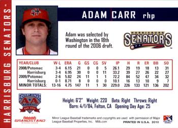 2010 Grandstand Harrisburg Senators #2 Adam Carr Back