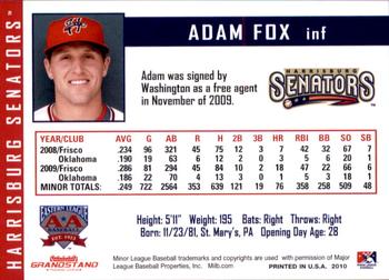 2010 Grandstand Harrisburg Senators #7 Adam Fox Back