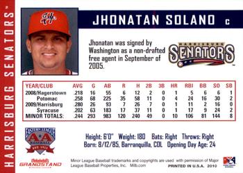 2010 Grandstand Harrisburg Senators #22 Jhonatan Solano Back