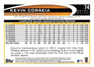 2012 Topps Mini - Gold #74 Kevin Correia Back
