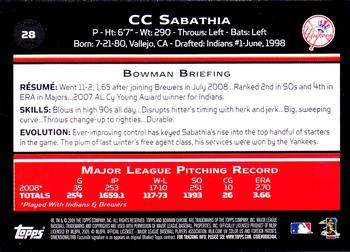 2009 Bowman Chrome #28 CC Sabathia Back