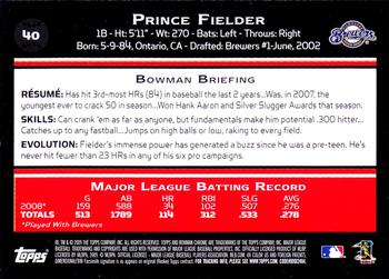 2009 Bowman Chrome #40 Prince Fielder Back