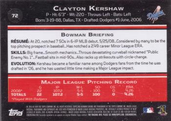 2009 Bowman Chrome #72 Clayton Kershaw Back