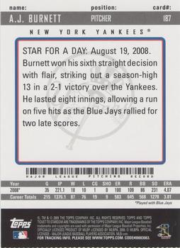 2009 Topps Ticket to Stardom #187 A.J. Burnett Back