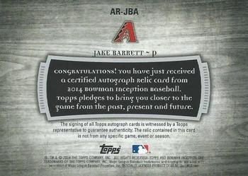 2014 Bowman Inception - Autograph Relics Red Patch #AR-JBA Jake Barrett Back