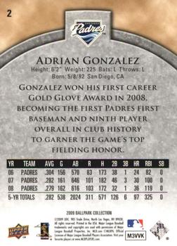 2009 Upper Deck Ballpark Collection #2 Adrian Gonzalez Back