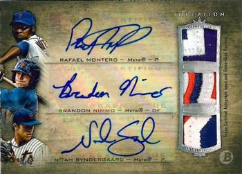 2014 Bowman Inception - Triple Autograph Patch #TAP-MNS Noah Syndergaard / Brandon Nimmo / Rafael Montero Front