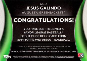 2014 Topps Pro Debut - Debut Duds Jerseys #DD-JG Jesus Galindo Back