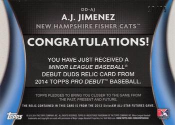 2014 Topps Pro Debut - Debut Duds Jerseys Silver #DD-AJ A.J. Jimenez Back