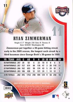 2009 SP Authentic #11 Ryan Zimmerman Back