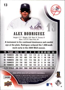2009 SP Authentic #13 Alex Rodriguez Back