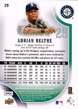2009 SP Authentic #29 Adrian Beltre Back