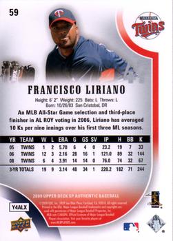 2009 SP Authentic #59 Francisco Liriano Back
