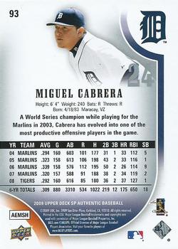 2009 SP Authentic #93 Miguel Cabrera Back