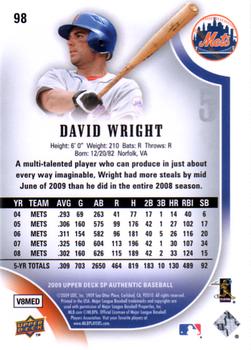 2009 SP Authentic #98 David Wright Back