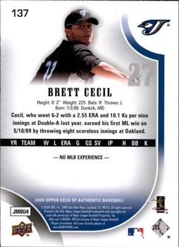 2009 SP Authentic #137 Brett Cecil Back