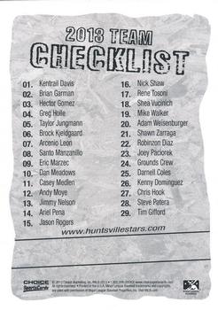 2013 Choice Huntsville Stars #NNO Checklist Back