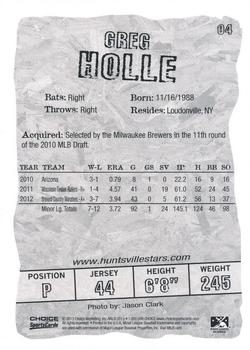 2013 Choice Huntsville Stars #4 Greg Holle Back