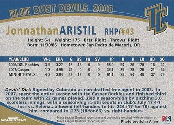2008 Grandstand Tri-City Dust Devils #1 Jonnathan Aristil Back
