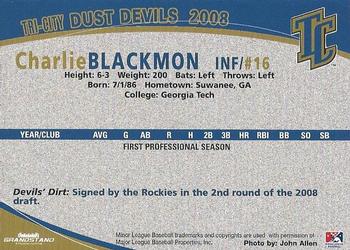 2008 Grandstand Tri-City Dust Devils #2 Charlie Blackmon Back