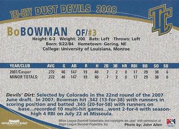 2008 Grandstand Tri-City Dust Devils #4 Bo Bowman Back