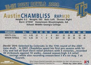 2008 Grandstand Tri-City Dust Devils #5 Austin Chambliss Back