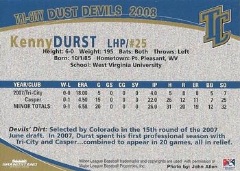 2008 Grandstand Tri-City Dust Devils #7 Kenny Durst Back