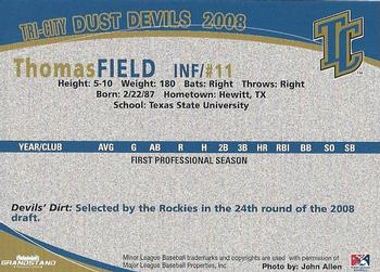 2008 Grandstand Tri-City Dust Devils #8 Thomas Field Back