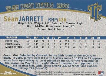 2008 Grandstand Tri-City Dust Devils #12 Sean Jarrett Back