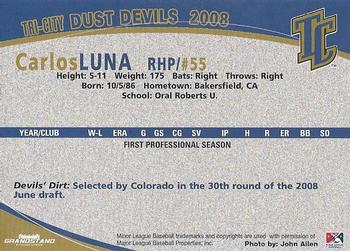 2008 Grandstand Tri-City Dust Devils #15 Carlos Luna Back