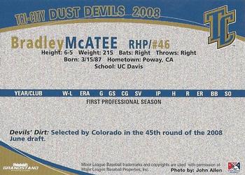 2008 Grandstand Tri-City Dust Devils #17 Bradley McAtee Back