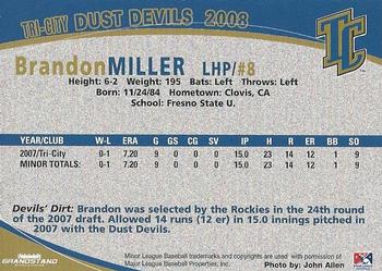 2008 Grandstand Tri-City Dust Devils #18 Brandon Miller Back