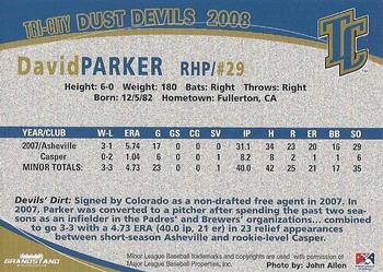 2008 Grandstand Tri-City Dust Devils #24 David Parker Back