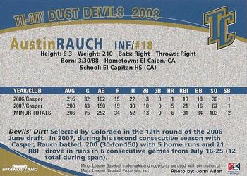 2008 Grandstand Tri-City Dust Devils #27 Austin Rauch Back