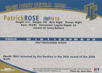 2008 Grandstand Tri-City Dust Devils #30 Patrick Rose Back