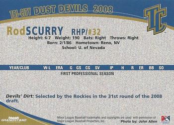 2008 Grandstand Tri-City Dust Devils #33 Rod Scurry Back
