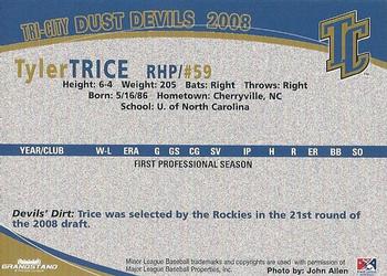 2008 Grandstand Tri-City Dust Devils #36 Tyler Trice Back