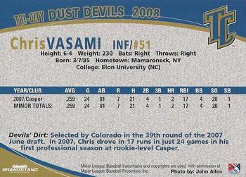 2008 Grandstand Tri-City Dust Devils #37 Chris Vasami Back