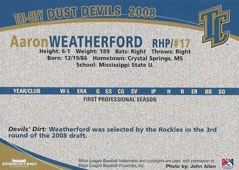 2008 Grandstand Tri-City Dust Devils #38 Aaron Weatherford Back