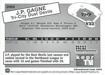2004 Grandstand Tri-City Dust Devils #4 J.P. Gagne Back