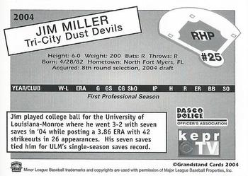 2004 Grandstand Tri-City Dust Devils #12 Jim Miller Back