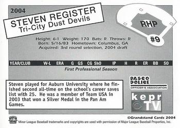 2004 Grandstand Tri-City Dust Devils #19 Steven Register Back