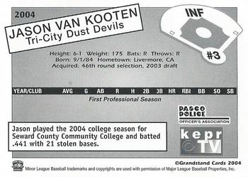 2004 Grandstand Tri-City Dust Devils #32 Jason Van Kooten Back