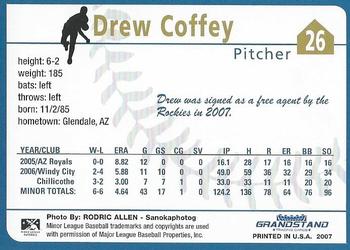 2007 Grandstand Tri-City Dust Devils #12 Drew Coffey Back