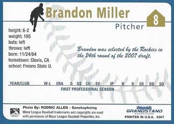 2007 Grandstand Tri-City Dust Devils #23 Brandon Miller Back