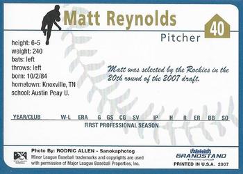2007 Grandstand Tri-City Dust Devils #29 Matt Reynolds Back