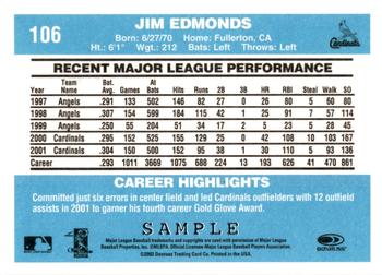 2002 Donruss Originals - Samples #106 Jim Edmonds  Back