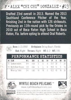 2014 Choice Myrtle Beach Pelicans #15 Alex Gonzalez Back