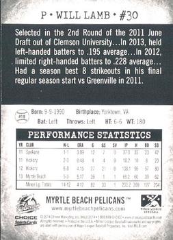 2014 Choice Myrtle Beach Pelicans #18 Will Lamb Back
