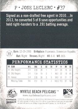 2014 Choice Myrtle Beach Pelicans #19 Jose Leclerc Back